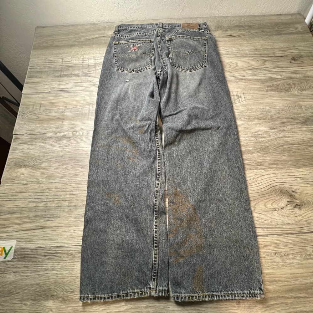 US Polo Assn Jeans Mens 32x30 Black Wide Leg Distressed Stained Baggy Grunge Y2K